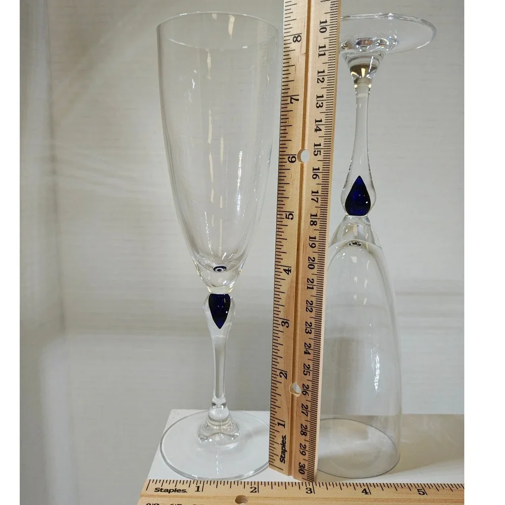 Cristal D'Arques Venice Saphir Blue Teardrop Champagne Flutes Set of 2 French